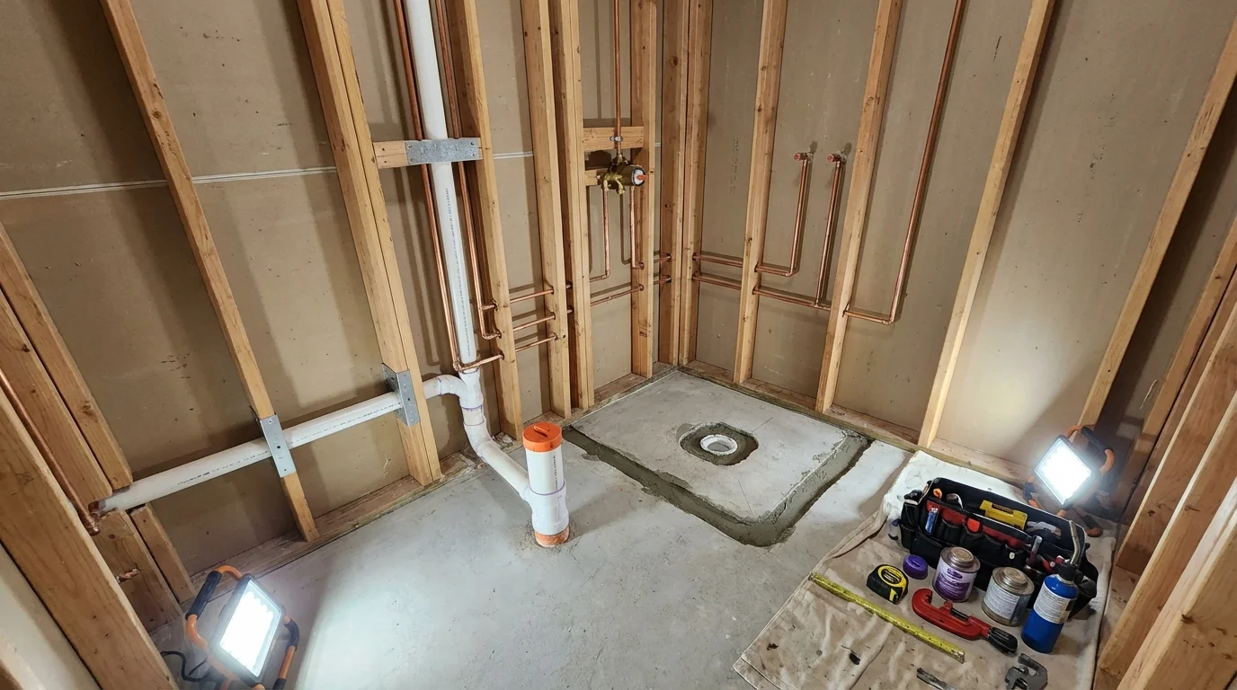 Bathroom rough-in plumbing during remodel by Johns Plumbing LLC in Cape May Court House