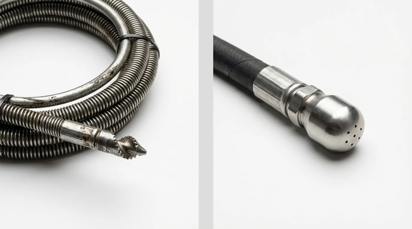 Drain snake cable and hydro jetting nozzle used for drain cleaning in Cape May Court House, NJ