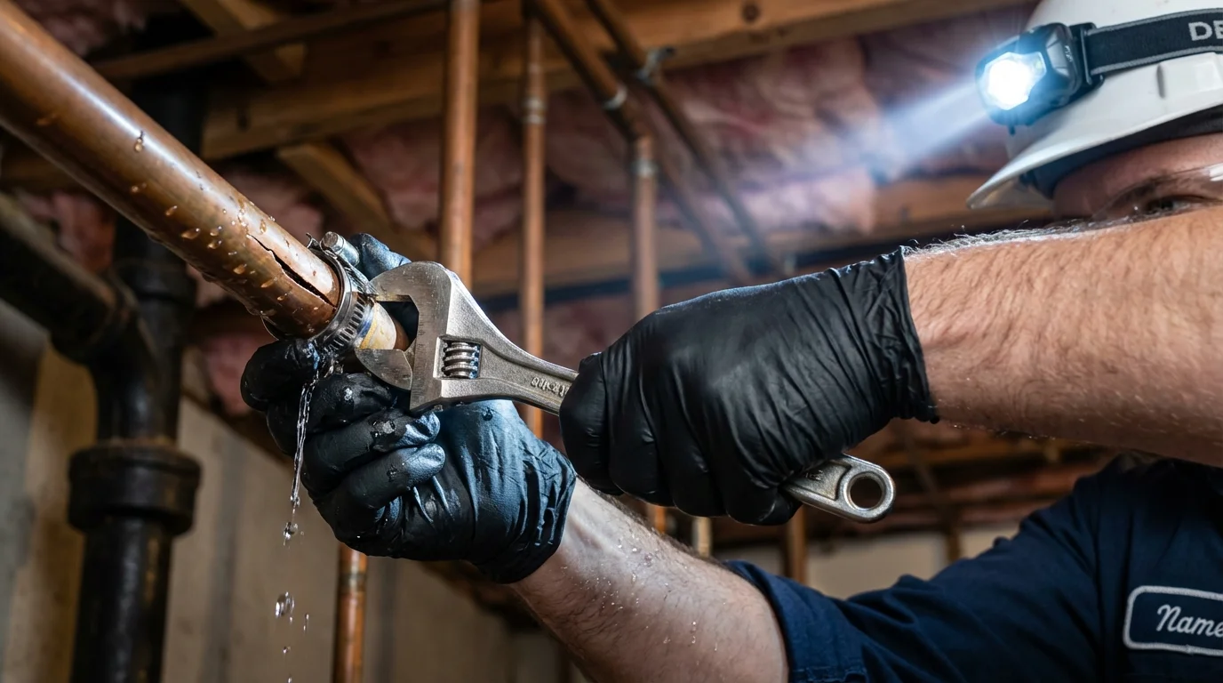 Emergency pipe clamp repair being performed by a Johns Plumbing LLC plumber in Cape May Court House