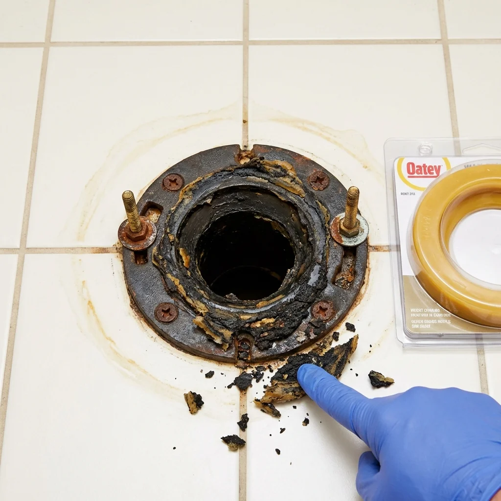 Failed wax ring showing water seepage at the base of a toilet in a Cape May Court House, NJ home