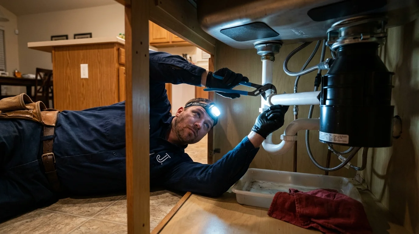 P-trap and supply line connections under a kitchen sink showing a common leak point in Cape May Court House, NJ